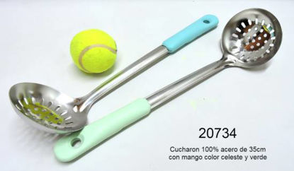 Imagen de CUCHARON CON ORIFICIOS 100% ACERO MANGO COLOR CELESTE Y VERDE 35CM 1.25